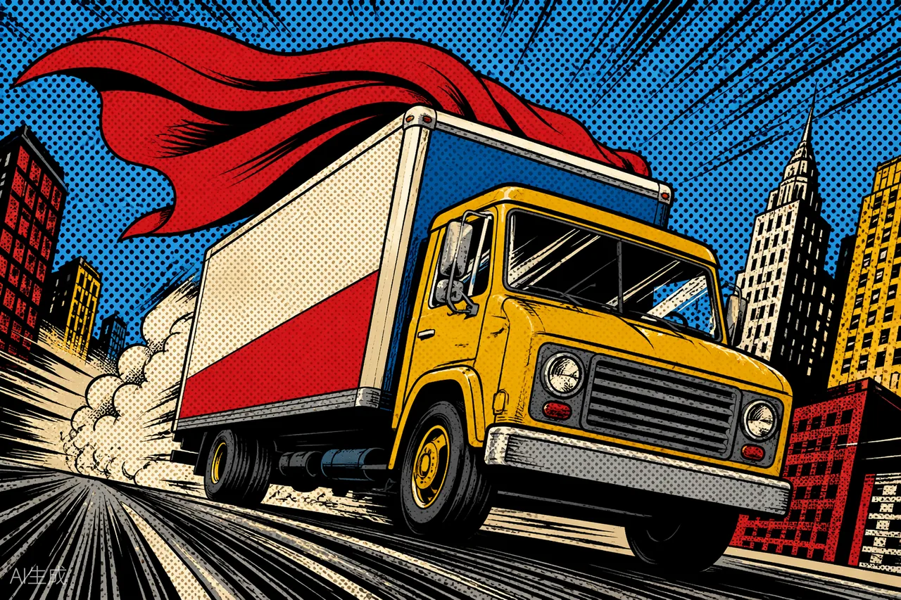 Pop-Art-Illustration: Umzugswagen mit rotem Superhelden-Cape rast durch Hamburg